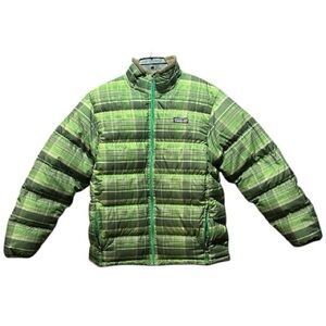 Patagonia size large (12) high-loft 600 down green plaid  Jacket
